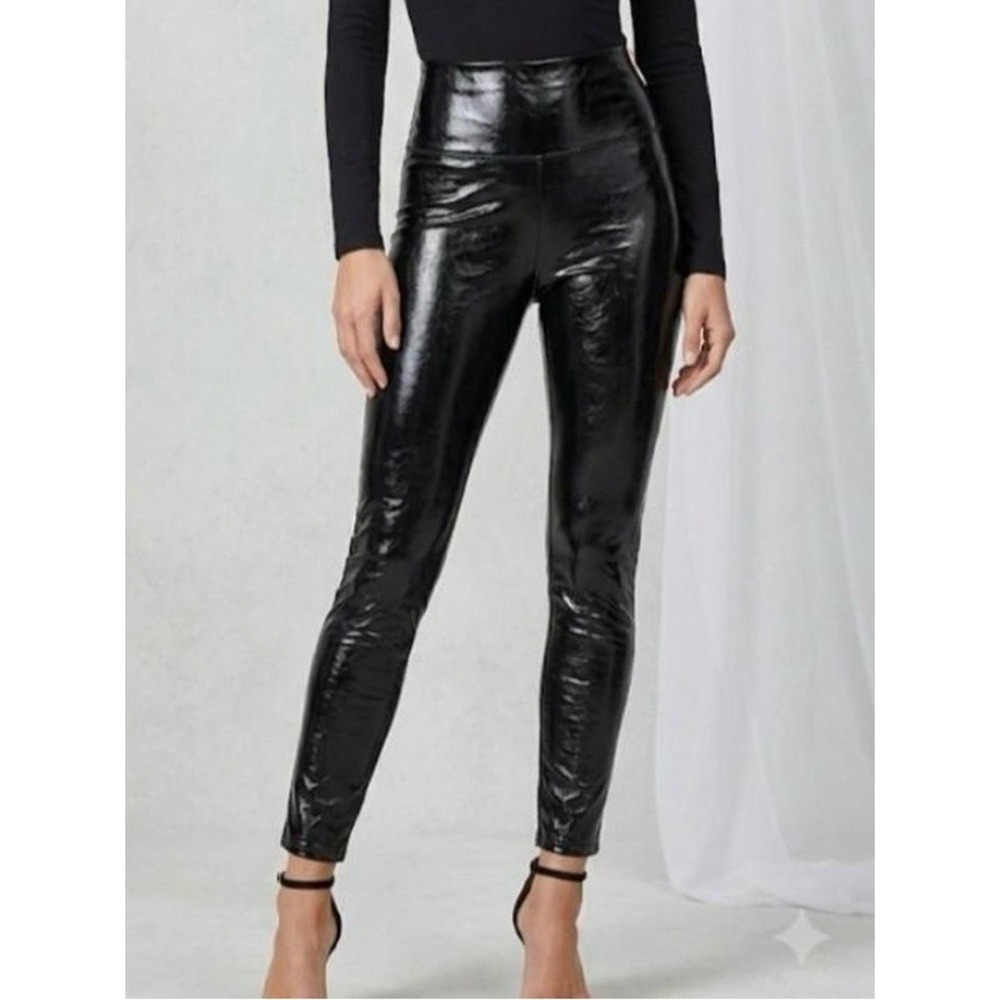 Spanx Faux Leather Patent Leggings Black High Rise Shaping Pants Medium